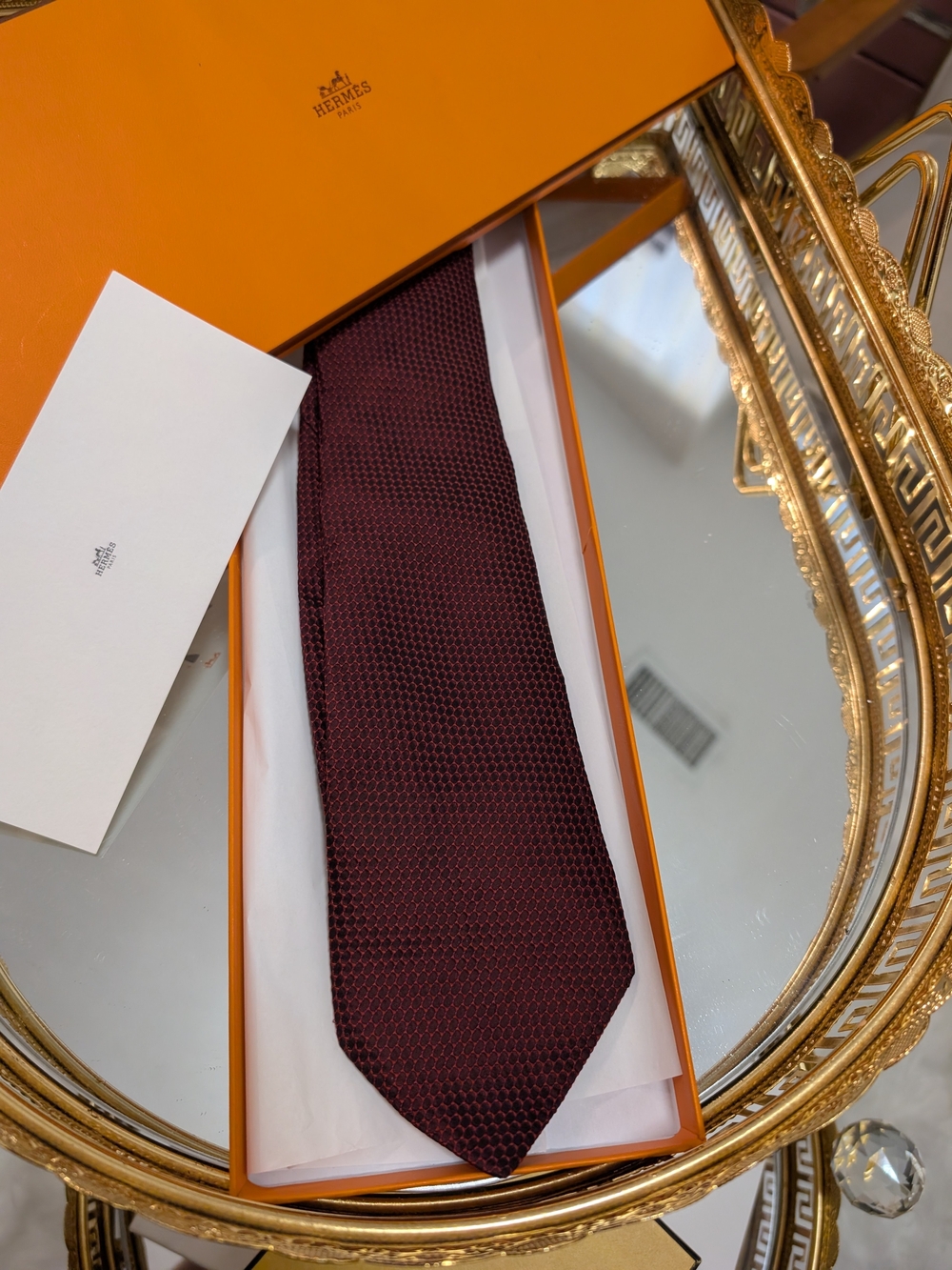 Hermes Men's Deep Burgundy Textured Silk Tie